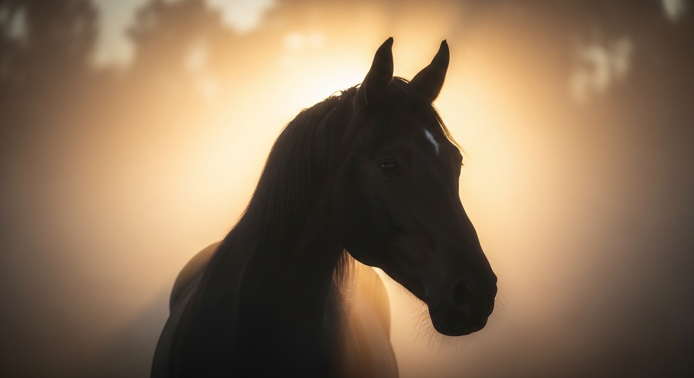Cinematic close-up of a horse silhouette in warm dawn fog