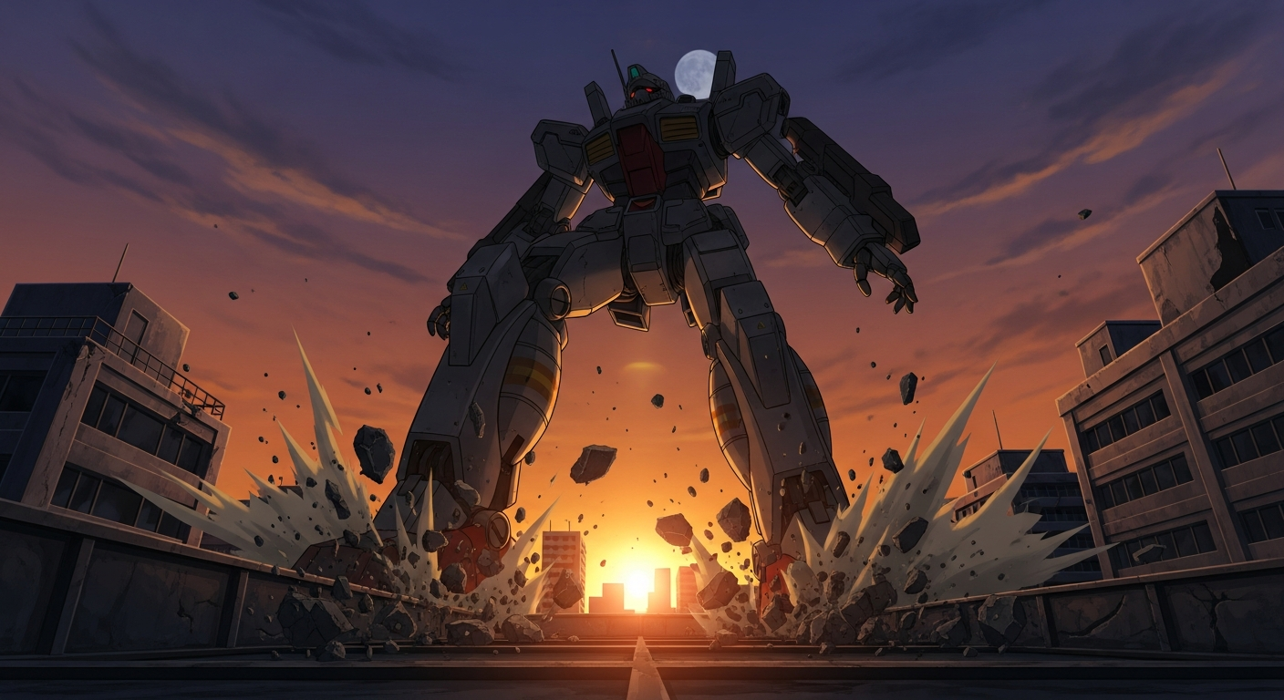 Anime mecha, city rooftop