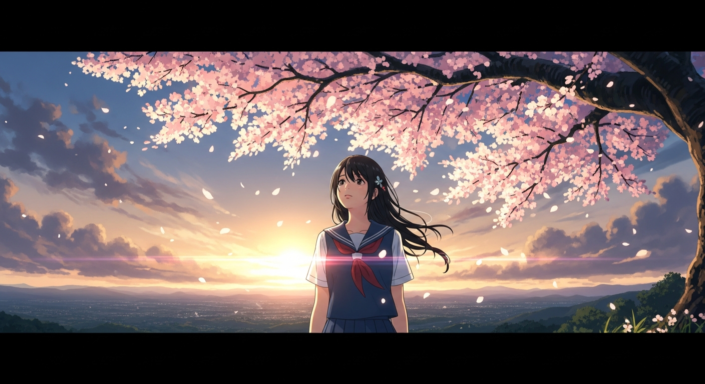 Anime schoolgirl, cherry blossoms