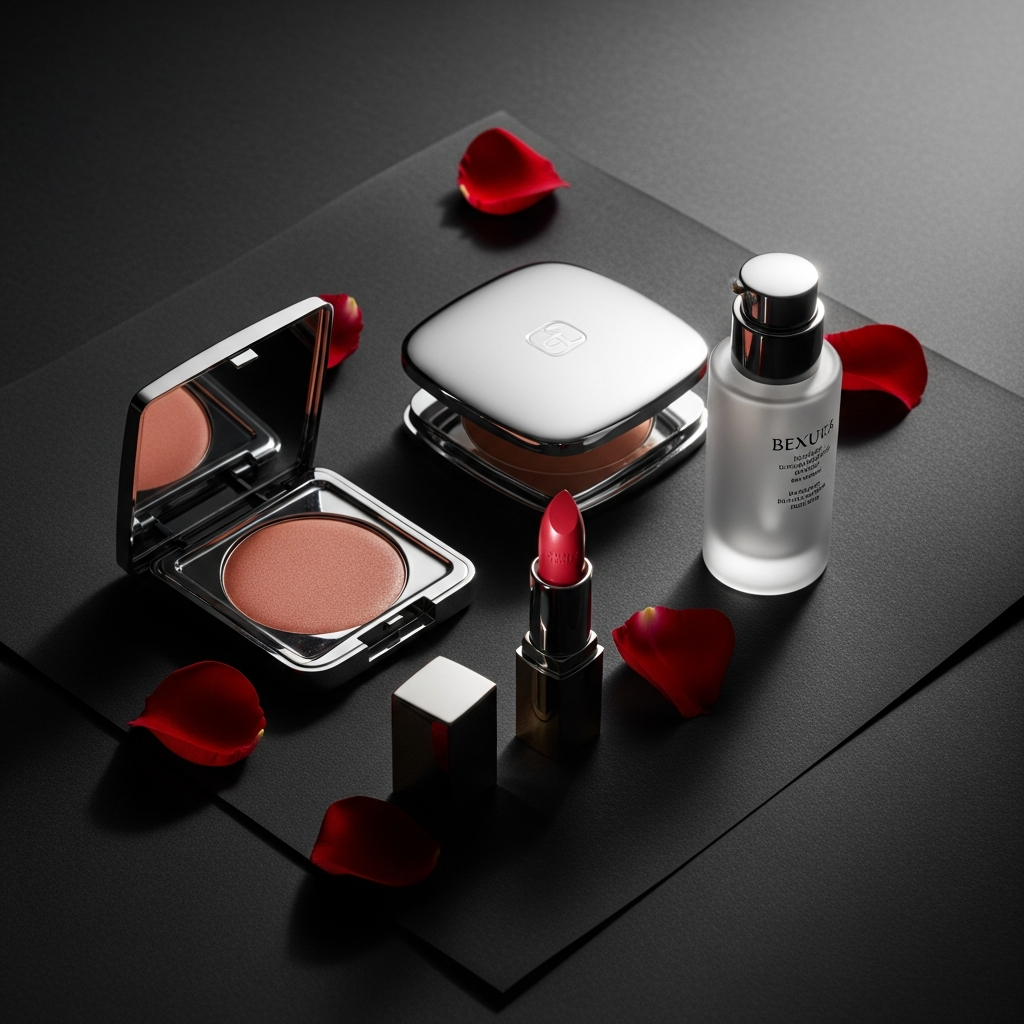 Luxury cosmetics flat lay