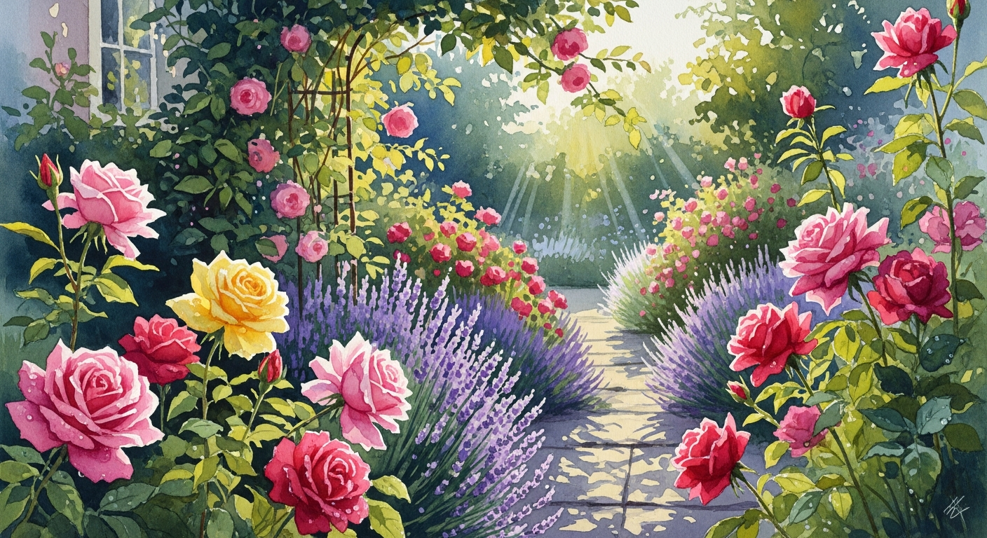 Watercolor garden scene