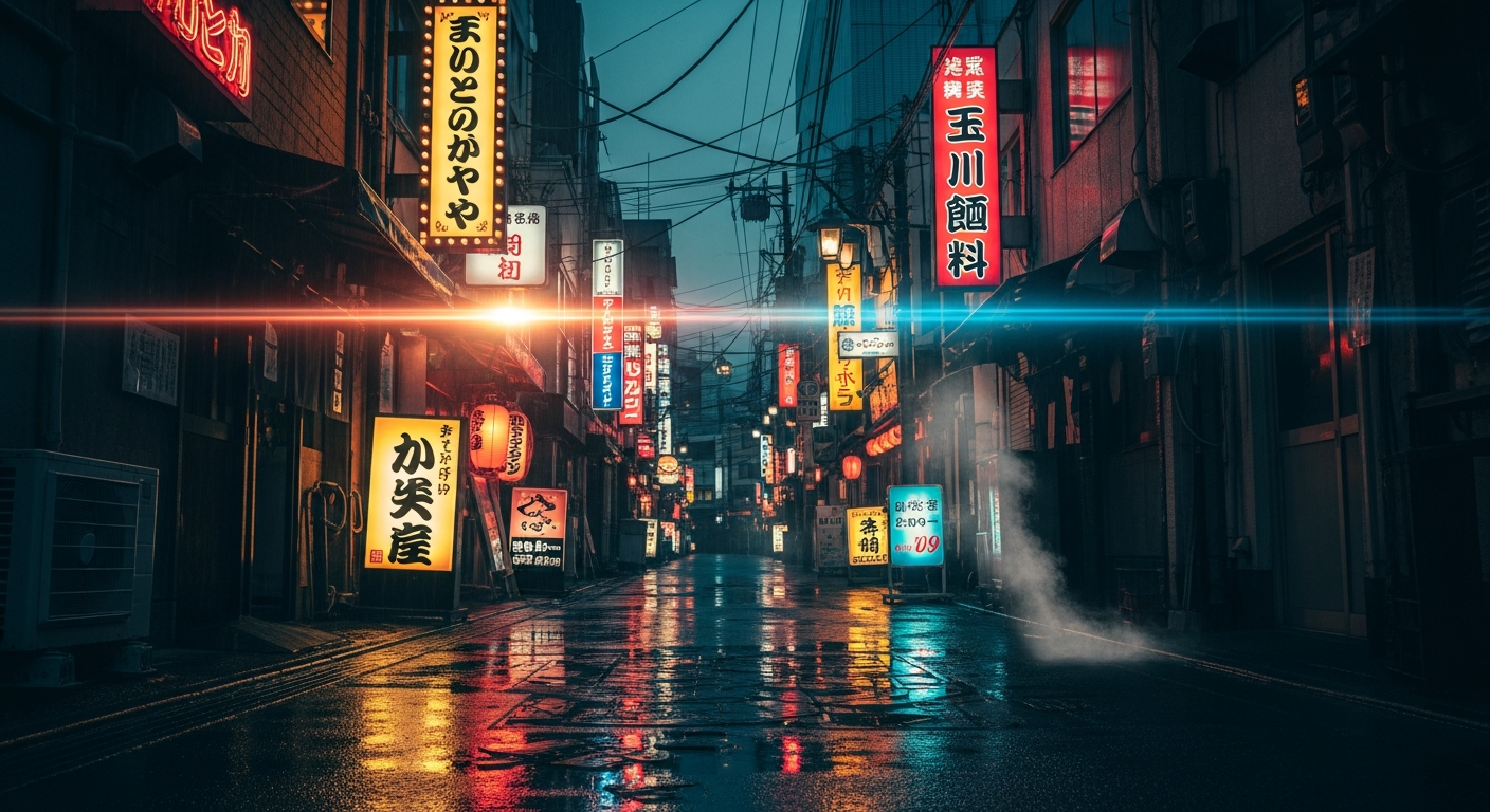 Neon Tokyo alley after rain